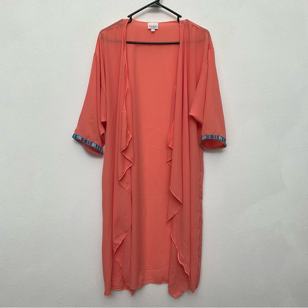 LulaRoe Short Sleeve Coral Long Kimono Cardigan Size Medium Lightweight